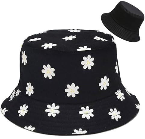 Malaxlx Damen Blume Schwarz Fischerhut Bucket Hat Anglerhut Reversibel Fischerhüte Sonnenhut Sommerhut Faltbarer Draussenhut