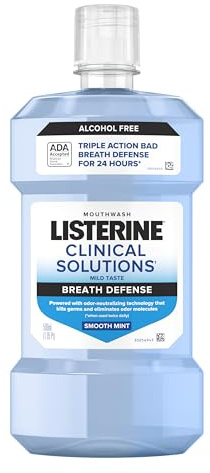 Listerine Clinical Solutions Breath Defense Alcohol Free Mouthwash, Oral Rinse with a Triple-Action Formula Fights Bad Breath for 24 Hours, Smooth Mint Flavor, 500 mL