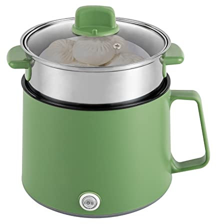 Electric Hot Pot with Stainless Steel Steamer, 1.7L Mini Electric Cooker Stock Pot, Portable Multi-use Hot Pot, Multi-Function Travel Cooker for Shabu-Shabu, Noodles, Soup, Eggs, Oatmeals (Green)
