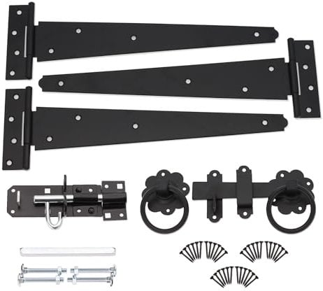 Infinity Decor 14” Tee Hinges (3) Garden Gate kit Plain Ring Latch and Brenton Bolt Wooden Gate Fittings Kit Epoxy Black - for Barn, Shed Doors, Garage Gate
