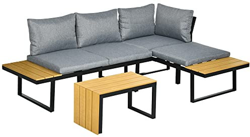 Outsunny 3-TLG. Gartenmöbel-Set, Balkonmöbel mit Sitzkissen, Gartenlounge-Set mit Doppelsofa, Ecksofa, Couchtisch, für Balkon, Terrasse, Alu, Natur+Dunkelgrau