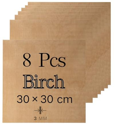 ROBOTIME Tablero Madera Contrachapada 3mm Abedul 30×30cm 8 Piezas Tablero de Madera a Medida Para Bricolaje,Pirograbado Corte por Laser CNC Router Modelado