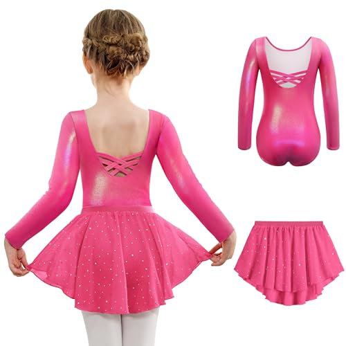 Arshiner Ballettkleidung Mädchen Zweiteiliges Langarm Rückenfrei Ballettanzug Kinder Baumwolle Ballettkleid Balletttrikot Tanzkleid Tanzbody mit Chiffon Rock Tütü Leuchtendes Rosenrot 140 5-6 Jahre