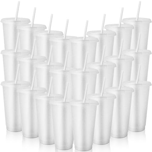 24 Pcs Reusable Cups with Lids and Straws 24 oz Glitter Iced Coffee Tumbler Plastic Travel Mug Cup for Smoothie Juices Birthday Sleepover Party Supplies (Clear)