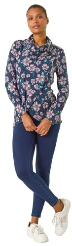 Roman Originals Women's Cowl Neck Long Sleeve Tunic Ladies Lightweight Longline Patterned Top Blouse Snit Autumn Winter Work & Casual Smart Wear Going Out Party Loungewear - Navy & Pink - Size 10