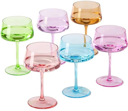 Farbige Coupé-Gläser, mundgeblasene Kristall-Cocktailgläser, vielseitige, hohe Cocktailgläser, Art-Deco-Cocktailgläser-Set für Pisco Sour, Espresso, Martini, Mixgetränke (mehrfarbig)