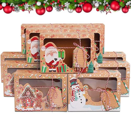 fiintrwa 15 Stück Weihnachts Kekskästen Geschenkboxen, 4 Muster mit transparentem Fenster und Etiketten, Bäckereikarton Pappschachtel Weihnachten Geschenk-Verpackung für Kuchen, Dessert Bäckerei