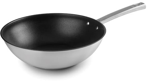 LACOR - 45728 - Wok Foodie, Acero Inoxidable 18/10, Antiadherente, con Titanio, Libre de PFOA, Mango Ergonómico, Fondo Termodifusor Sandwich, Apto para Inducción y Todo Tipo de Fuegos, Ø28 cm