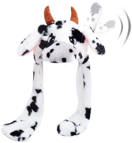 Hpfulseazn Ear Moving Jumping Warm Plush Animal Hats Movable Dancing Ear Flap Hat Earflaps Movable Fluffy Cap(Cow)