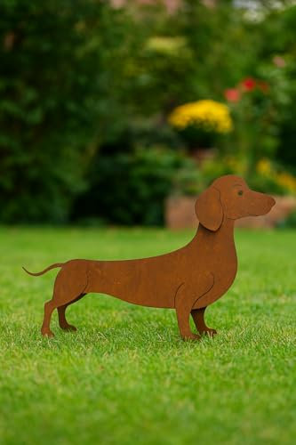 Der-Porzellan-Laden Dackelfigur Bodo auf Platte, Hund Gartendeko Rost Deko für draußen, Metall Dackel, 40x20 cm, witterungsbeständig & kunstvoller Edelrost-Look