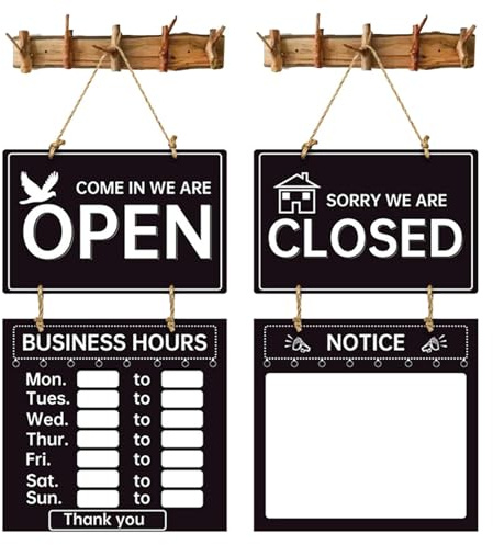 Señal de apertura de negocios: señal de doble cara con horario operativo signo abierto con una pantalla horaria, cartel para tienda con cuerda, horario de apertura para empresas, cafeterías, oficinas