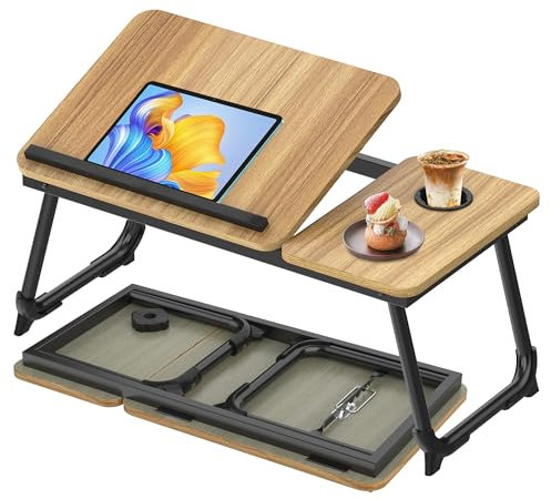Soontrans Plateau de Lit 63 x 27 x 33 CM, Table de lit avec Porte Gobelet, Réglable en Angle, Pliable, Support Ordinateur Portable Lit en MDF pour Canapé, Sol, Plateau Inclinable(Couleur Bois)