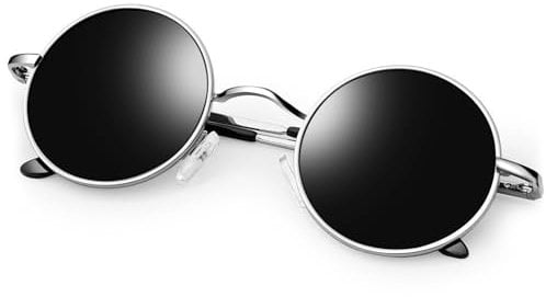 KANASTAL Runde Sonnenbrille Herren Damen Klassische Retro Polarisierte Sonnenbrille Rund mit Metallrahmen Vintage Hippie Rave Brille UV400 Schutz, Silber Rahmen Schwarze Gläser