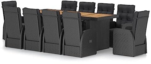 vidaXL Gartenmöbel 11-TLG. mit Auflagen Sitzgruppe Gartengarnitur Gartenset Sitzgarnitur Gartentisch Liegestuhl Tisch Stühle Poly Rattan Schwarz