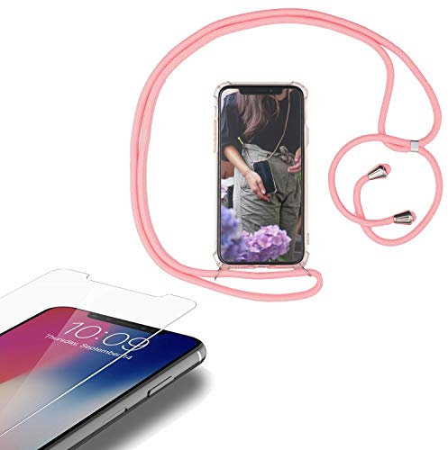 Eximmobile - Handykette kompatibel mit Huawei P30 in Rosa + Panzerfolie Schutzhülle Handy Hülle Band Seil Schnur Case Umhängen Handytasche Umhängehülle Kette Kordel Silikoncase
