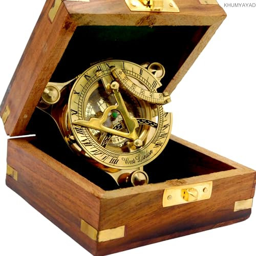 KHUMYAYAD-Messing-Kompass. Eleganter, traditioneller 7,6 cm großer nautischer Sonnenuhr-Kompass aus antikem Messing mit exquisiter Holzbox.
