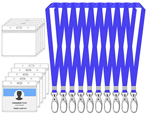 10 Sets Ausweishüllen & Schlüsselbänder, Ausweishalter mit Schlüsselband, Horizontal ID-Kartenhalter, Kartenhülle mit Umhängeband für Arbeitskarte Schlüsselanhänger (Blau)