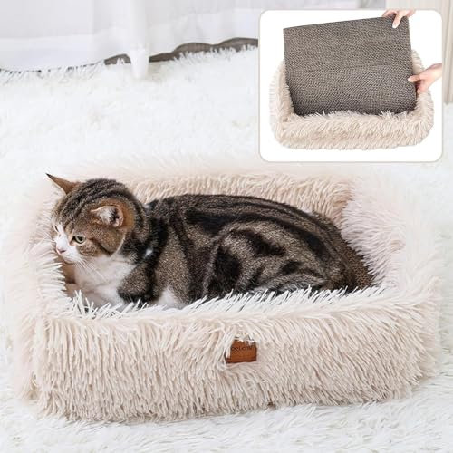 TIGOADT Cama Gato Sofa Felpa Calmante con Rascador Carton para Gatos Adulto Interior,Arranhador Camita para Gatos Cat Scratcher Bed Antideslizante,Accesorios Rascador Carton Intercambiables (Beige)