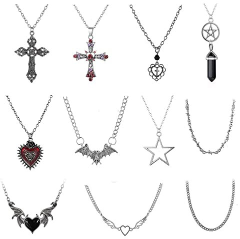 DALLZOMA 11 Stück Gothic Grunge Halskette Set Goth Punk Rock Silber Halskette Liebe Herz Kreuz Dornen Böses Auge Engel Flügel Gothic Schmuck Kette für Frauen Mädchen Kette Choker Halskette