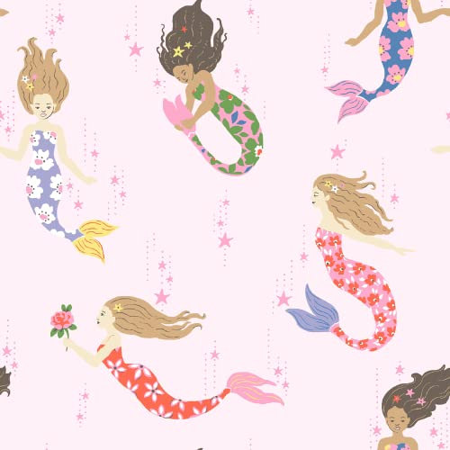 Muriva Cath Kidston Mermaids Wallpaper - Modern Wallpaper for Kids Bedroom, Playroom & Nursery - Decorative Luxury Wall Paper with Mystical Mermaids Wearing Floral Dresses (Light Pink)