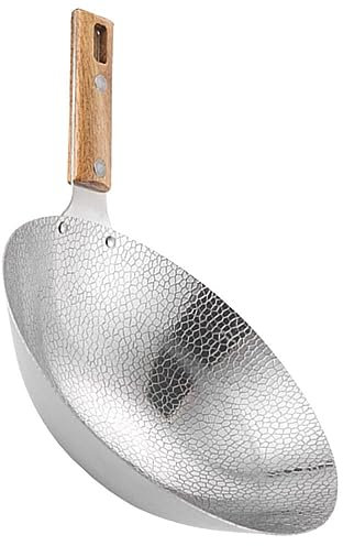 BESTonZON Wok Chinois en Acier Inoxydable Avec Manche en Bois - Poêle À Frire, Marmite en Métal, Shabu Hot Pot Binaural Traditionnel - Batterie de Cuisine Japonaise 22 Cm