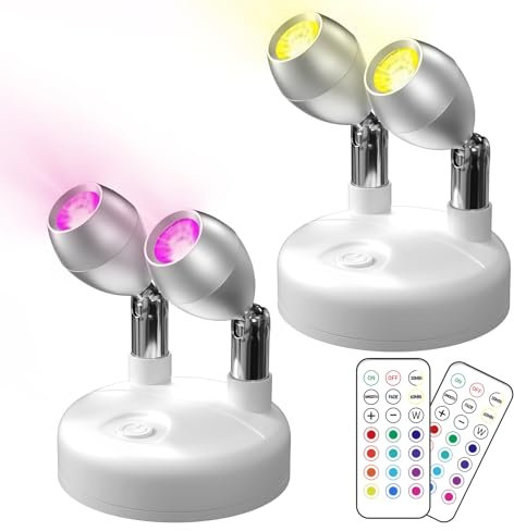 Klarlight Doble-Cabezal RGB Mini Foco Led Interior con Mando a Distancia Focos LED Inalámbrico a Pilas Spotlight Pared 13 Colores Luz Iluminación para Gabinete Pintura Arte Dardos Party, 2-Pack Blanco