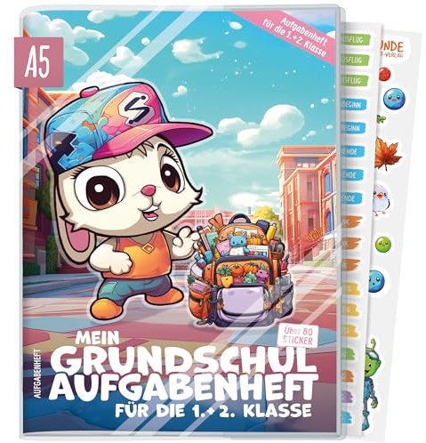 Lernfreunde Hausaufgabenheft Grundschule A5 für die 1. + 2. Klasse ohne Datum mit Hülle, Stickern, Lern- und Denkspielen Schultasche - nachhaltig & klimafreundlich