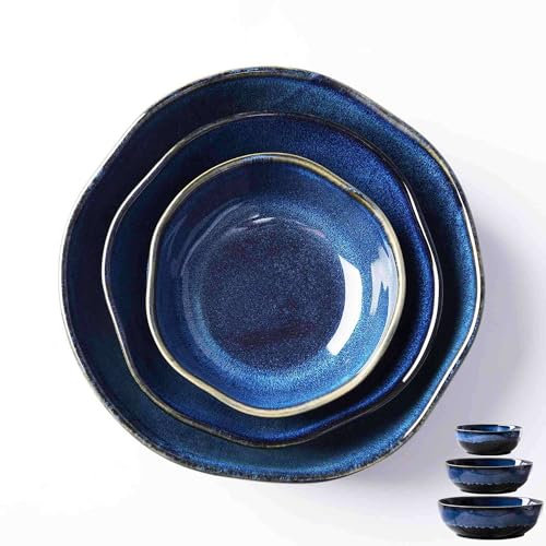 TYMYYS Grand Saladier En Céramique, Bol à Soupe Japonais Bleu, Set De Vaisselle En Grès Vintage, Set De Saladiers 400ml/800ml/1600ml