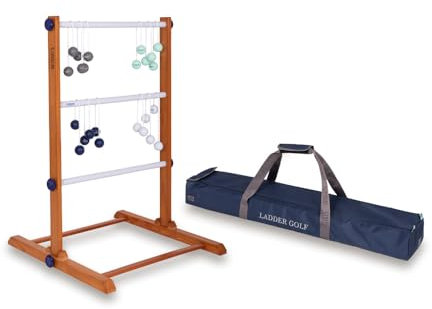 Uber Games Ladder Golf-Spielset – Hochwertiges Leiter-Gartenspiel aus Gummibaumholz – 12 Bolas-Bälle aus echtem Gold und Tragetasche und Aufbewahrungstasche aus Segeltuch
