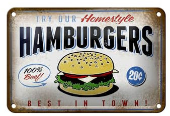 Blechschild Spruch 18x12cm Hamburger best in town 100% Beef Deko Schild