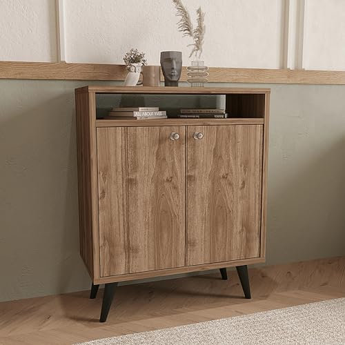 [en.casa] Beistellschrank Malung Mehrzweckschrank Büroschrank mit 2 Türen offenes Ablagefach Küchenschrank Schuhschrank Wohnzimmerschrank 75x60x30cm Eiche dunkel