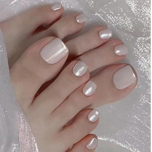 MouyouGlow 24 Pièces Faux Ongles D'orteil à coller Court,Carré Blanc Laiteux Glazed Donut Hailey Bieber Fake Ongles Pieds Toe Nails Full Cover Orteils Press on Nails avec Colle