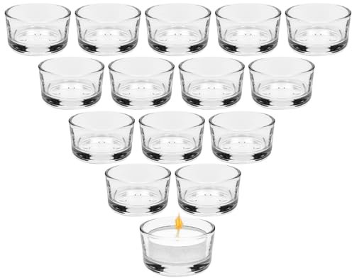 15er Teelichtgläser Set, Kerzengläser 4,5 cm Dm, Klar Teelichthalter Glas, Kerzenhalter Dekorationen, Mini Kerzenhalter Glas für Home Tischdeko, für Hochzeit, Dekorativ Kerzenglas