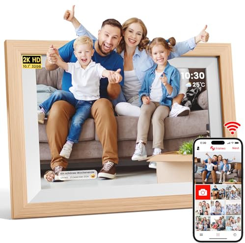 2K HD Digitaler Bilderrahmen WLAN, 10,1 Zoll 32 GB LED Auto-Rotat Digital Frame mit IPS-Touchscreen & Kalender Wetter, Teilen Sie Fotos und Videos mit Ton Sofort über FRAMEO von überall, Eichenholz