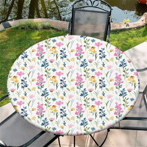 Outdoor Runde Tischdecke mit Gummizug Ø 36(90cm) - Elastisch Garten tischdecke mit Rosa Blumen Muster Passend für 75-85cm breite Tische