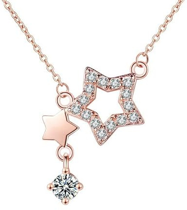 Mesnt Halskette Rotgold, Damen Halskette Collier aus 14 Karat Rotgold Hohler Stern mit Labordiamant