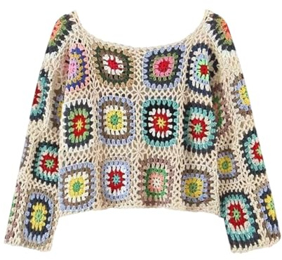 Maglione da donna fatto a mano, con pizzo all'uncinetto, maniche lunghe, per donne alla moda