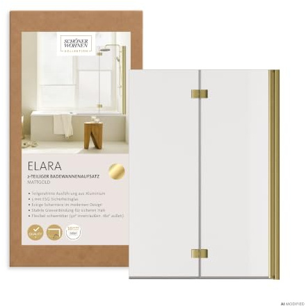 Schöner Wohnen Duschwand für Badewanne ELARA 2-teilig 100x140 cm in Mattgold, Faltbarer Spritzschutz aus 5 mm ESG Sicherheitsglas, Anschlag rechts & links möglich, Made in Germany
