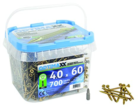 Optimaxx C288-860 4.0mm x 60mm Flat Countersunk Extreme Performance Woodscrews Self Cutting - Pozi Zinc Yellow - 700 Pieces