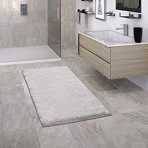 Paco Home Badezimmerteppich Badematte Badteppich Badvorleger Duschvorleger Shaggy rutschfest Flauschig Waschbar Einfarbiges Muster, Grösse:70x120 cm, Farbe:Grau