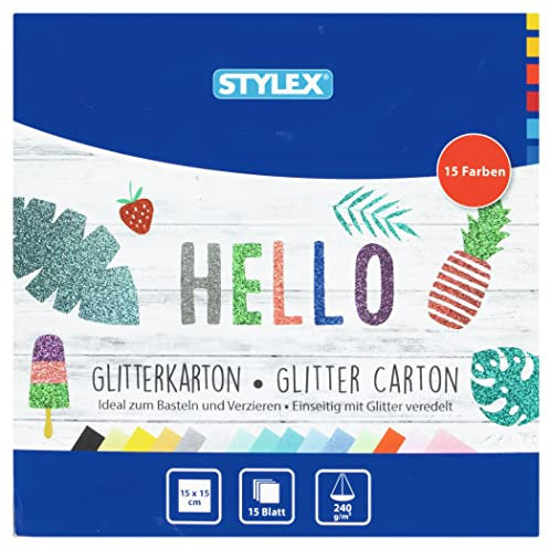 Stylex 46470 – Carton pailleté avec finition d'un côté avec paillettes 15 x 15 cm, 240 g/m², 15 feuilles de différentes couleurs pailletées