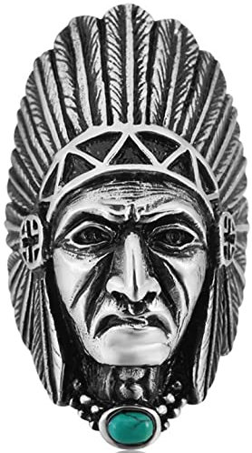 Dsnyu Ring Herren, Vintage Indianer mit Türkis Punk Ringe, Männer Ringe Edelstahl Party Schmuck, GR.60 (19.1) Silber