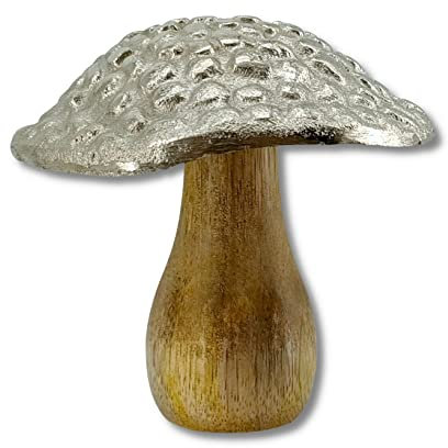 Mango-Holz und Metall Figur Pilz braun Silber 11 x 11cm Dekofigur Wald-Deko Tisch Dekoration