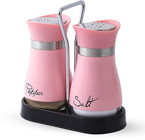 Salz- und Pfefferstreuer Set aus Edelstahl mit Glasflasche für Tisch, Wohnmobil, Camp, BBQ, 2 Stück, Rosa