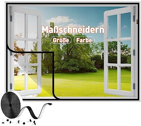 MAGZO Anpassend Fliegengitter Fenster Ohne Magnetöffnung Breite größer als 150 cm, Fiberglasgewebe Insektenschutz Fenster Montage ohne Bohren, Fliegengittertür ohne Magnetverschluss