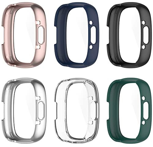 KUTEWEU Hülle Kompatibel mit Fitbit Versa 4/ Fitbit Sense 2, 9H Härte Mit Glasfolie Schutzfolie Anti Kratzen PC Cover Schutzhülle Case für Fitbit Versa 4/ Sense 2 Smartwatch (6 Stück)