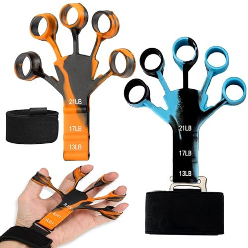 2 Pack Fingerstärkungsmittel, Handgriffstärkungsmittel – [Neue zusätzliche Funktion] Edelstahl-Clip, 6 Widerstandsstufen, Silikon-Handgrifftrainer für Tennissport,Klettern and Gitarre, Orange-Blau.