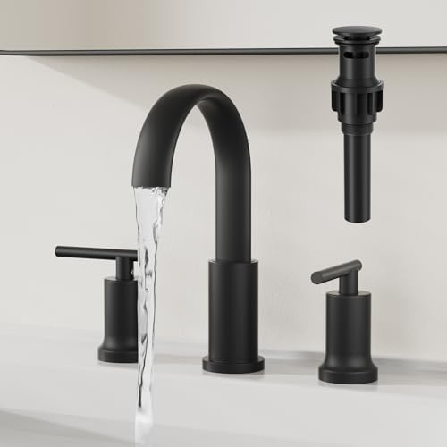 Kroias Robinet de salle de bain cascade noir mat à 3 trous, robinet d'évier de salle de bain large à deux poignées, robinets de salle de bain de 20,3 cm pour évier avec lignes d'alimentation cUPC et