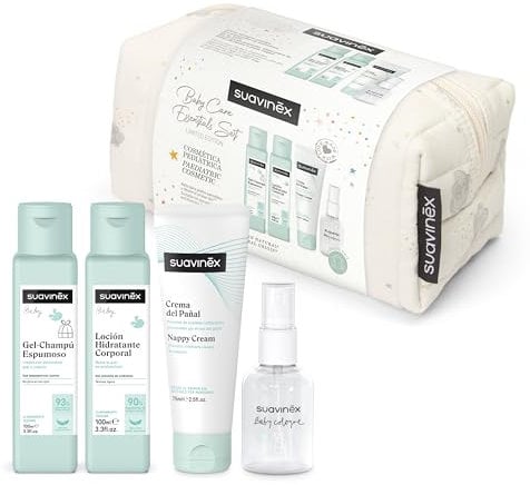 Suavinex, Neceser para Bebés de Tela, Set Regalo Bebé Recién Nacido con Cosmética: Gel Champú 100 ml + Loción Hidratante 100 ml + Crema Pañal 75 ml + Baby Cologne 50 ml. Formato Viaje. Beige Dreams