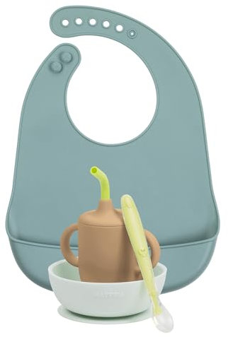 Nattou Set Repas Enfant en Silicone, 4 pièces, 1 Cuillère, 1 Bol avec couvercle, 1 Gobelet avec paille, 1 Bavoir avec réceptacle, sans BPA, Silicone, Bleu